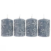 Velas pilares velas azuis flocos de neve 100/65mm 4 unidades