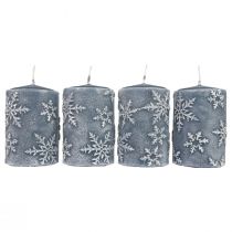 Itens Velas pilares velas azuis flocos de neve 100/65mm 4 unidades