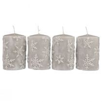 Itens Velas pilares velas cinza flocos de neve 100/65mm 4 unidades