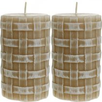 Itens Velas de pilar marrons com padrão trançado rústico, 110/65 mm, Safe Candle, conjunto de 2