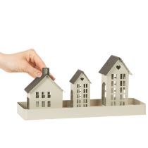 Itens Conjunto de Farol com Três Casinhas de Metal em Bandeja 35cm (1 unidade)