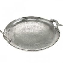 Bandeja decorativa com chifres de veado em alumínio prateado redondo Ø30cmA4,5cm