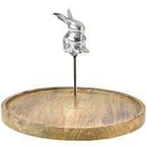 Bandeja de madeira coelho natural decorativo metal prata Ø27,5cm Alt.21cm