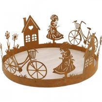Bandeja decorativa menina com flor, decoração em metal com casa de bicicleta pátina dente de leão Ø24cm H11cm