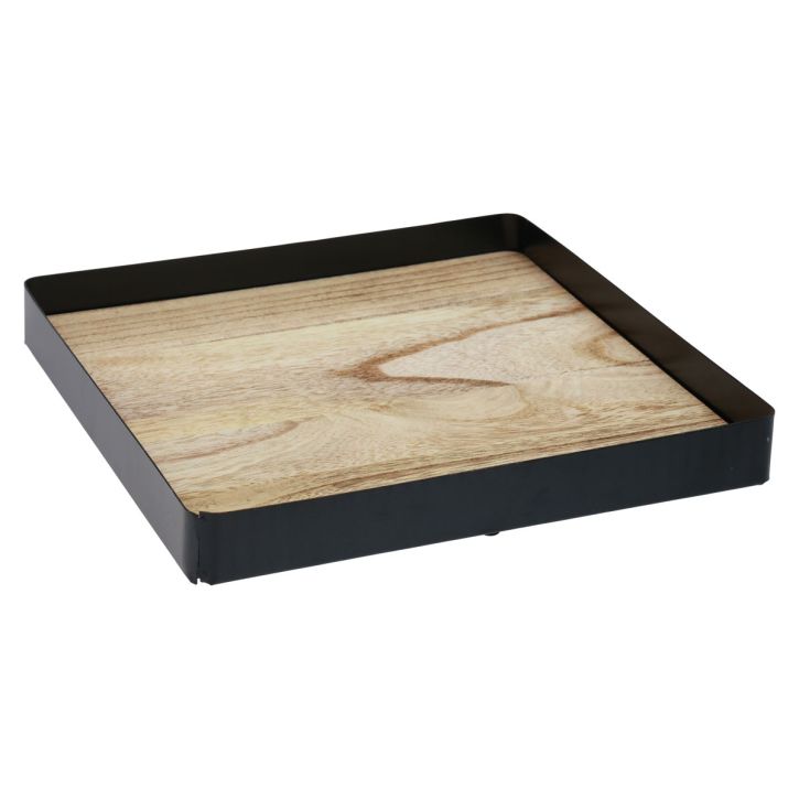 Bandeja decorativa metal madeira quadrada natural preto 25,5×25,5×4cm