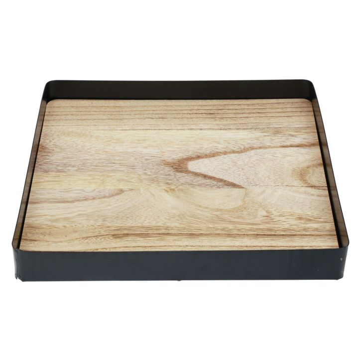 Bandeja decorativa metal madeira quadrada natural preto 25,5×25,5×4cm