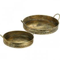 Tigela decorativa com pegas, tabuleiro para plantas com padrão, vasilha em metal dourado, aspeto antigo C 45,5/42cm Ø39,5/34cm conjunto de 2