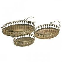 Tigela de metal com alças, conjunto de bandeja decorativa dourado look antigo L39 / 33,5 / 28,5 cm conjunto de 3