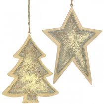 Pingentes de metal de abeto e estrela, decorações para árvores de Natal, decoração de Natal dourada, aparência antiga H15.5 / 17cm 4 unidades