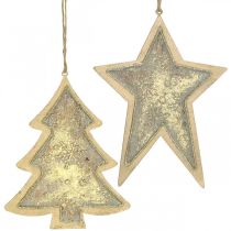 Itens Pingentes de metal de abeto e estrela, decorações para árvores de Natal, decoração de Natal dourada, aparência antiga H15.5 / 17cm 4 unidades