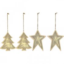 Itens Pingentes de metal de abeto e estrela, decorações para árvores de Natal, decoração de Natal dourada, aparência antiga H15.5 / 17cm 4 unidades