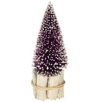 Itens Árvore de Natal decorativa em roxo com ponta de neve sobre base de madeira rústica 15cm 3 peças.