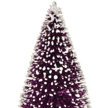Itens Árvore de Natal decorativa em roxo com ponta de neve sobre base de madeira rústica 15cm 3 peças.