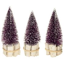 Itens Árvore de Natal decorativa em roxo com ponta de neve sobre base de madeira rústica 15cm 3 peças.