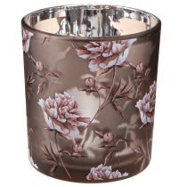 Itens Porta-velas de mesa decorativo com peônias em tons de marrom e prata, 8 cm de altura, conjunto com 4 peças.