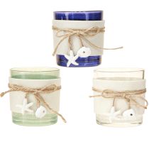 Itens Porta-velas de vidro marítimo azul verde branco 7,5 cm 3 peças
