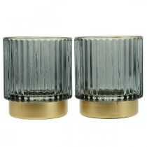 Lanterna de vidro com nervuras suporte tealight ouro/cinza H8cm 2uds