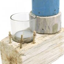 Farol de madeira com luz de chá vidro decoração marítima azul, branco H38cm