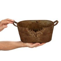 Itens Tigela oval de metal com alças, motivo de veado, acabamento enferrujado, 36 cm