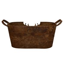 Itens Tigela oval de metal com alças, motivo de veado, acabamento enferrujado, 36 cm