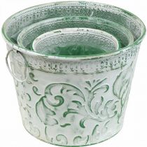Itens Vasos de metal com pegas, floreiras com relevo branco, verde shabby chic H20.5/18.5/16cm Ø25.5/20.5/15.5cm conjunto de 3