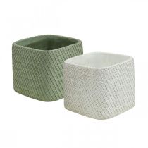 Itens Plantador de cerâmica branco verde relevo malha 12,5x12,5cm H9cm 2pcs