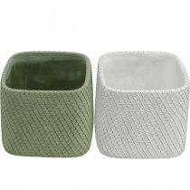 Itens Plantador de cerâmica branco verde relevo malha 12,5x12,5cm H9cm 2pcs