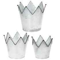 Itens Conjunto de 3 vasos decorativos em metal zinco com coroa, diâmetros de 21,5/19,5/17 cm.
