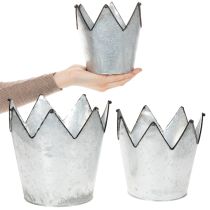 Itens Conjunto de 3 vasos decorativos em metal zinco com coroa, diâmetros de 21,5/19,5/17 cm.