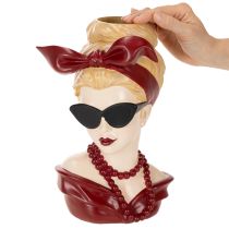 Itens Vaso em forma de cabeça de mulher com óculos de sol e colar de pérolas, 30 cm