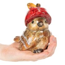 Itens Estatueta decorativa de pássaro com chapéu em forma de maçã vermelha, decoração de outono, 13 cm