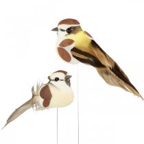 Decoração primaveril, pássaros num arame, pássaro artificial castanho, branco A3cm 12uds
