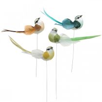 Pássaros decorativos, decoração de primavera, pássaros com penas, verão, pássaros em arame, coloridos H3,5cm 12 peças