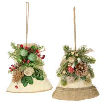 Itens Decoração rústica de parede com sinos de Natal, ramos de abeto de juta e pinhas.
