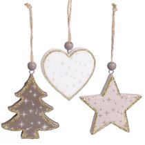 Itens Pingente de Natal estrela árvore coração madeira 6,5/7cm 6 un