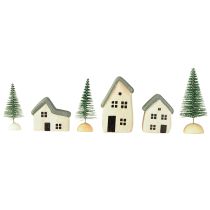 Itens Vila de Natal casas de madeira abetos verde e branco 5-8 cm conjunto de 6