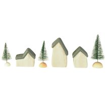 Itens Vila de Natal casas de madeira abetos verde e branco 5-8 cm conjunto de 6