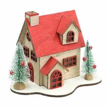 Casa de natal com iluminação LED natural, madeira vermelha 20 × 15 × 15cm