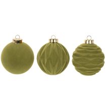 Itens Bola de Natal com aparência aveludada, verde, textura variada, 8 cm, 12 unidades. Bola de Natal flocada verde musgo, bolas de plástico, flocadas na cor verde musgo. Cordões de algodão inclusos para cada bola.