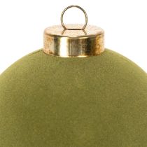 Itens Bola de Natal com aparência aveludada, verde, textura variada, 8 cm, 12 unidades. Bola de Natal flocada verde musgo, bolas de plástico, flocadas na cor verde musgo. Cordões de algodão inclusos para cada bola.