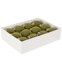 Itens Bola de Natal com aparência aveludada, verde, textura variada, 8 cm, 12 unidades. Bola de Natal flocada verde musgo, bolas de plástico, flocadas na cor verde musgo. Cordões de algodão inclusos para cada bola.