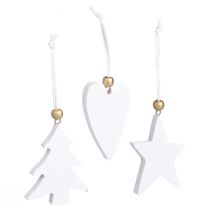 Itens Enfeites de Natal de madeira: estrela, árvore e coração, 6 peças, pingentes decorativos brancos e dourados.