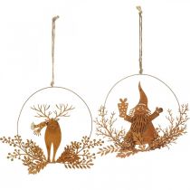 Itens Anel decorativo para o Natal, rena na argola, Pai Natal com prenda, decoração em metal pátina Ø18cm conjunto de 2