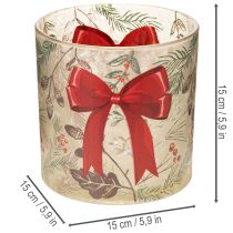 Itens Castiçal de vidro para vela votiva com fita vermelha e ramos de inverno, 15 cm
