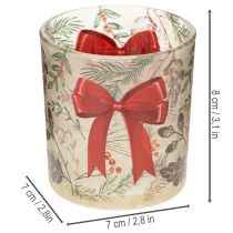Itens Castiçal de vidro para vela votiva com ramos de Natal e fita vermelha, 8 cm, 2 peças