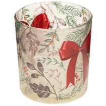 Itens Castiçal de vidro para vela votiva com ramos de Natal e fita vermelha, 8 cm, 2 peças