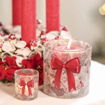 Itens Castiçal de vidro para vela votiva com ramos de Natal e fita vermelha, 8 cm, 2 peças
