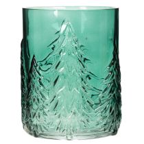 Itens Porta-velas de vidro com pinheiros em relevo, decoração natalina, 16 cm