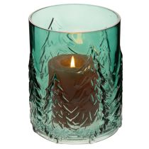Itens Porta-velas de vidro com pinheiros em relevo, decoração natalina, 16 cm