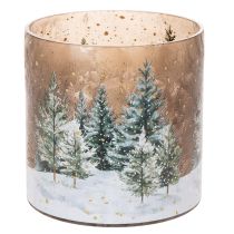 Itens Porta-velas de vidro com tema de floresta de inverno na neve, decoração natalina, 20 cm